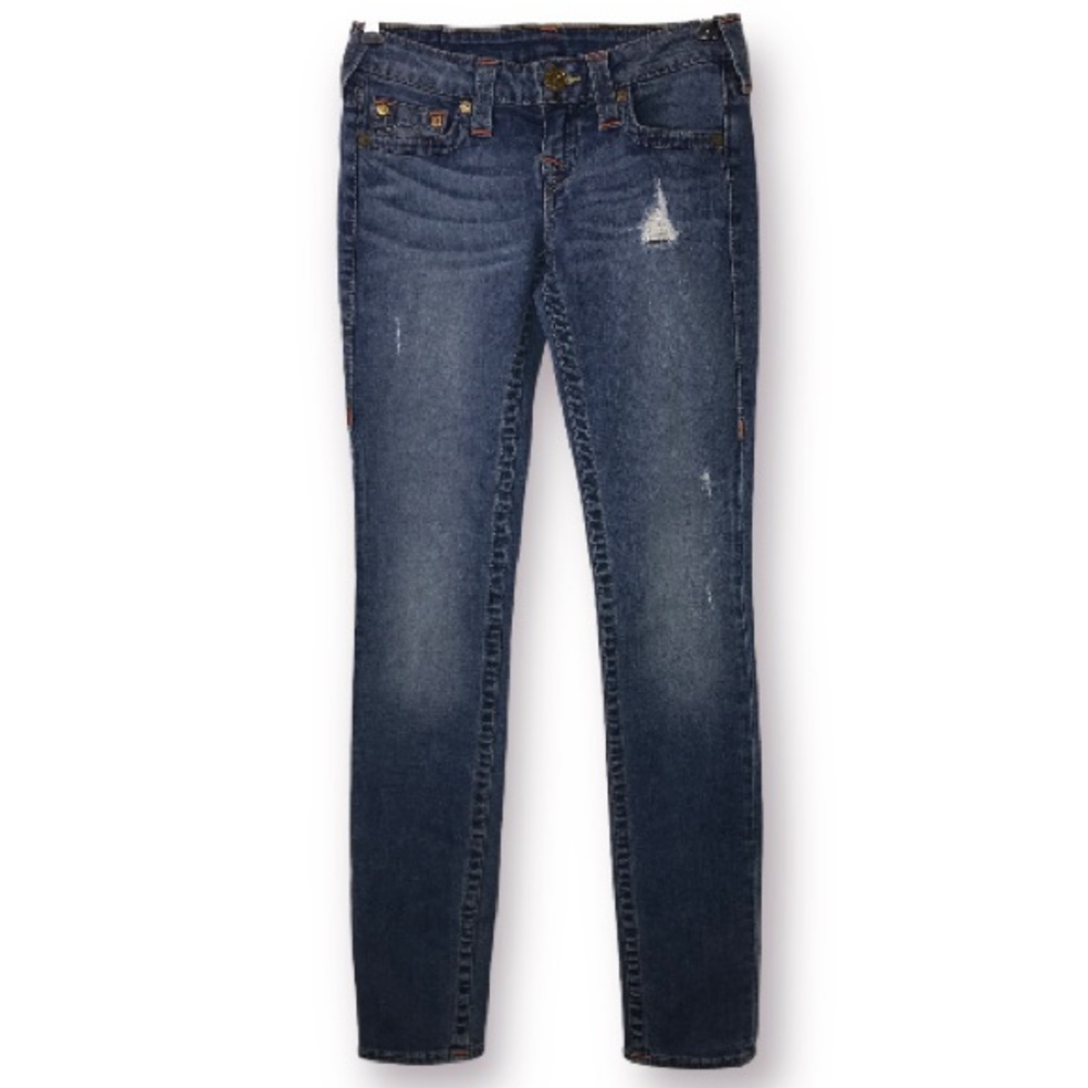 TRUE RELIGION SKINNY LOW-RISE DISTRESSED BLUE JEAN